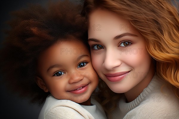 Portrait of interacial family with caucasian mother and mixed african american and caucasian child. KI generiert, generiert AI generated