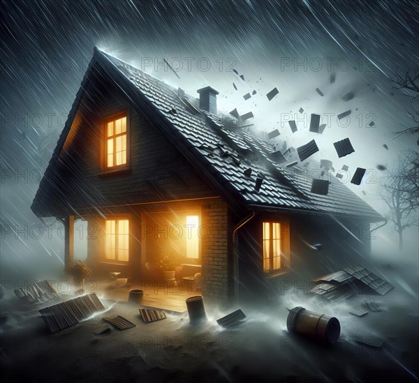 A thunderstorm with storm and rain covers a house roof, symbolic image climate change, climate crisis, global warming, AI generated, AI generated