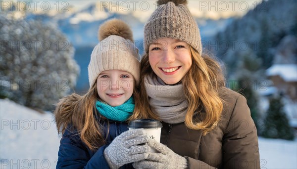 AI generated, human, humans, person, persons, woman, woman, child, children, two, mother and daughter, 10, 30, years, outdoor, ice, snow, winter, seasons, drinks, drinking, coffee, coffee mug, coffee to go, hat, bobble hat, gloves, winter jacket, cold, coldness