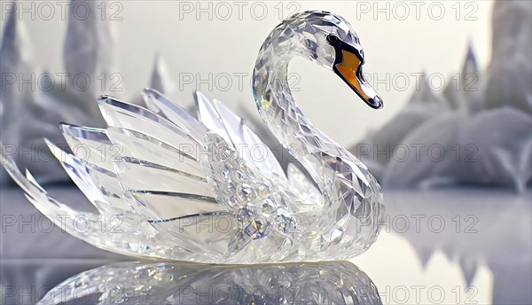 Swan, animal sculpture made of crystal glass in an icy landscape, AI generated, AI generated