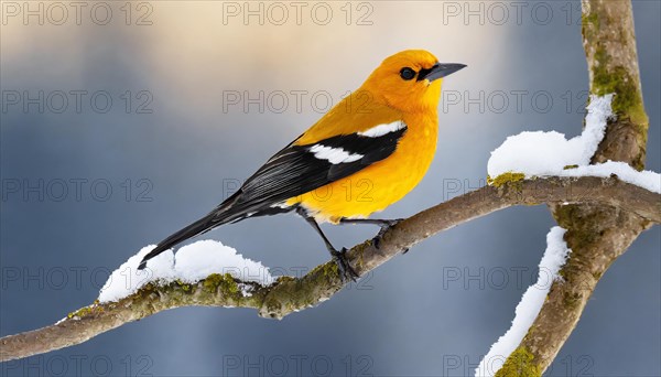 KI generated, animal, animals, bird, birds, biotope, habitat, one, individual, blue sky, foraging, wildlife, winter, snow, seasons, eurasian golden orioles (Oriolus oriolus), oriole, tree, branch