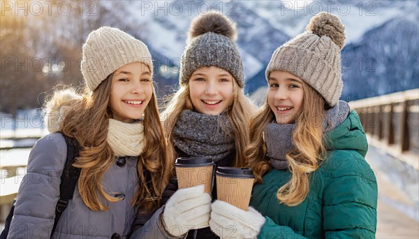 AI generated, human, humans, person, persons, woman, woman, three persons, coffee, coffee mug, coffee to go, outdoor shot, ice, snow, winter, seasons, drinks, drinking, cap, bobble hat, gloves, winter jacket, cold, cold, portrait