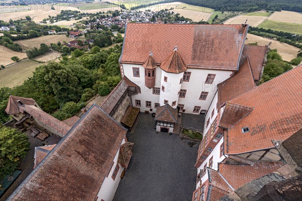 Rondel and battlements of the Zwinger, Zinzendorfbau, Palas with stair tower, new bower, inner courtyard, Ronneburg Castle, medieval knight's castle, Ronneburg, view from the keep, Ronneburger Huegelland, Main-Kinzig-Kreis, Hesse, Germany, Europe