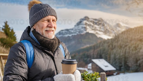 AI generated, human, humans, person, persons, man, 65, years, senior, seniors, one person, outdoor, ice, snow, winter, seasons, drinks, drinking, coffee to go, coffee, coffee mug, cap, bobble hat, gloves, winter jacket, cold, coldness