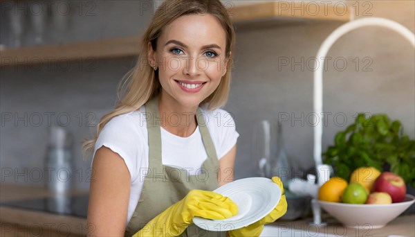 AI generated, woman, woman, 30, 35, blonde, blond, blonde, kitchen, sink, kitchen table, dishes, washing up, washing dishes, plates, cups, glasses, dishcloth, gloves, cleaning, water, polishing cloth, polishing, clean, cleanliness, housewife, mother, family