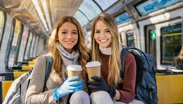 AI generated, Two young blonde woman want to travel and wait in the station for the train, 20, 25, blond, blonde, blonde, modern, modern, handbag, jeans, winter jacket, white, sneakers, shoes, bobble hat, coffee to go in hand, transport, traffic, two people, ice, snow, winter