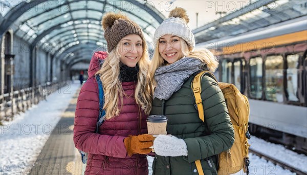 AI generated, Two young blonde woman want to travel and wait in the station for the train, 20, 25, blond, blonde, blonde, modern, modern, handbag, jeans, winter jacket, white, sneakers, shoes, bobble hat, coffee to go in hand, transport, traffic, two people, ice, snow, winter