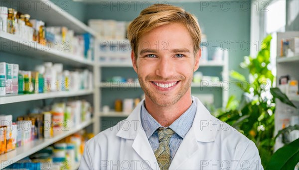 AI generated, A young pharmacist in his pharmacy, portrait, 30, 35, years, man, men, male, bearded, beautiful teeth, smiling, profession, professions, medicines in the background, a person