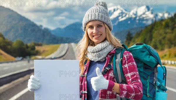 AI generated, human, humans, person, persons, woman, woman, one person, 20, 25, years, outdoor shot, seasons, cap, bobble hat, gloves, winter jacket, cold, cold, backpack, woman wants to travel, hitchhiking, hitchhiking, hitchhiking, road, motorway, holding a white sign, text free space