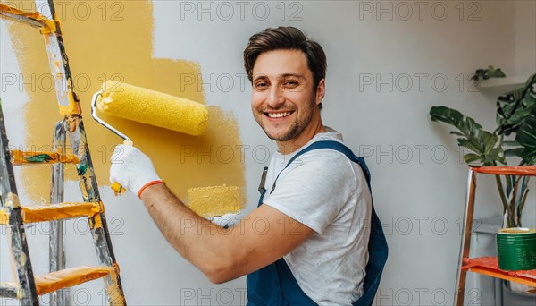 AI generated, man, men, a painter paints a wall with new yellow paint, father, renovation of old flat, paint roller, ladder, yellow, paint, 25, 30, years, a, person, occupation, occupations, leisure activity, family, smiles, smiling, fun at work, laughing, laughing, laughing, friend, partner, man