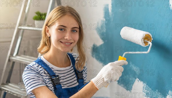 AI generated, woman, woman, a young girl paints a wall with new paint, blue, light blue, blue, light blue, renovation of old flat, paint roller, ladder, paint, 20, 25, years, a, a person, daughter, student, pastime, family, girl, smiles, smiling, fun at work, laughing, laughing, laughing, dungarees, jeans