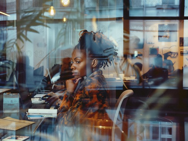 A contemplative woman in a modern office setting with reflections on the glass, african american at office, AI generated