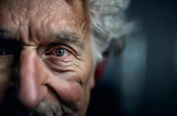 Old man with inflamed eyes, conjunctivitis and insomnia suffers from sore eyes, AI generated