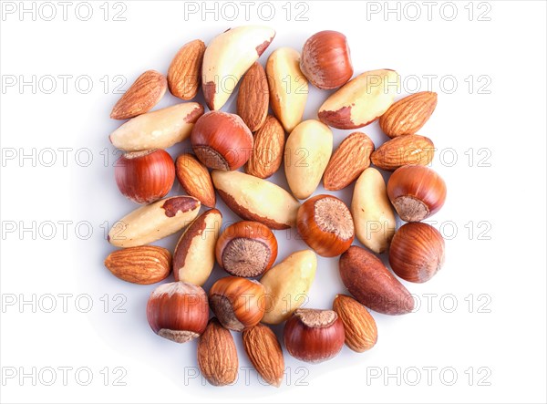 Piles of various nuts isolated on white background. hazelnut, brazil nut, almond, pumpkin seeds, cashew. top view