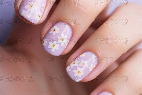 Close up of nail art design with white flowers on violet base. KI generiert, generiert AI generated