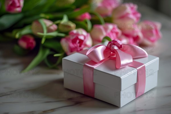 Gift Box with Pink Ribbon Beside bouquet of Fresh Tulips. Background for Valentine day, March 8, mother day, spring holidays, birthday, AI generated