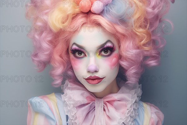 Pretty pastel colored female clown. Woman dressed up in clown costume with curly hair and face paint in front of gray studio background. KI generiert, generiert AI generated