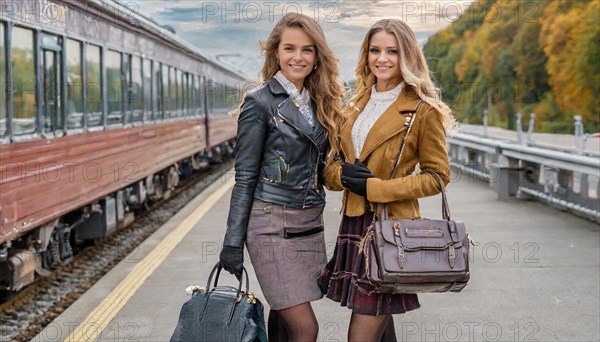 AI generated, Two young blonde woman want to travel and wait for the train at the station, 20, 25, blond, blonde, blonde, modern, noderne, aluminium suitcase, handbag, fur jacket, boots, sexy, attractive, attractive, long-haired, transport, traffic