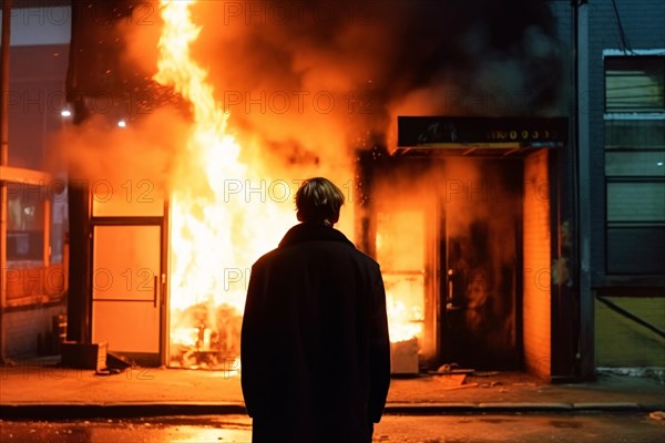 Back viee of man standing in front of burning building. Arson concpet. KI generiert, generiert AI generated