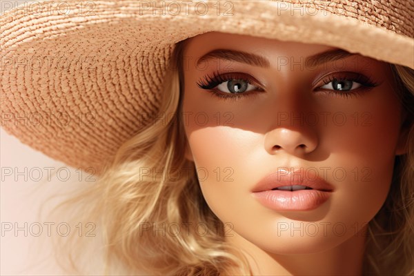 Face of beautiful young woman with summer straw hat. KI generiert, generiert AI generated