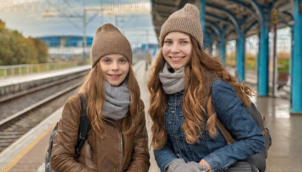 AI generated, Two young blonde woman want to travel and wait in the station for the train, 18, blond, blonde, modern, modern, suitcase, handbag, leather jacket, white, sneakers, shoes, sexy, attractive, attractive, long-haired, transport, traffic