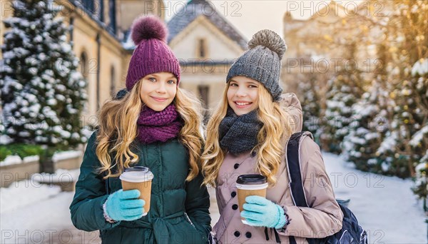 AI generates, human, humans, person, persons, child, children, girl, two, 15, years, outdoor, ice, snow, winter, seasons, drinks, drinking, coffee to go, coffee, cup, paper cup, hot drink, cap, bobble hat, gloves, winter jacket, cold, coldness