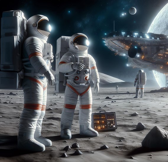 Astronauts standing in front of a space station on the moon, symbolic image science fiction, space travel, space, outer space, moon landing, AI generated, AI generated