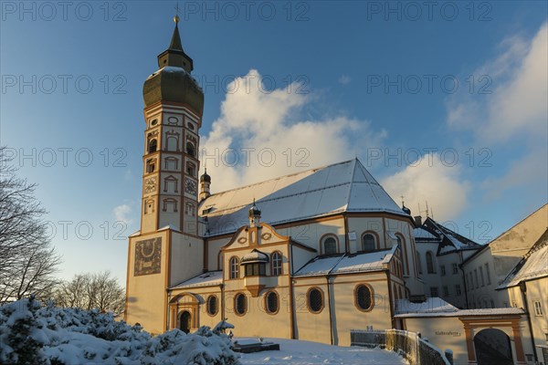 Andechs Monastery in winter, sunset, Fuenfseenland, Pfaffenwinkel, Upper Bavaria, Bavaria, Germany, Europe