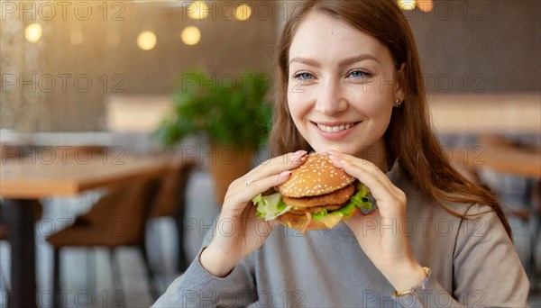 AI generated, human, humans, person, persons, woman, woman, 25, years, sits in restaurant, a person, seasons, eats, eating, burger, hamburger, snack bar