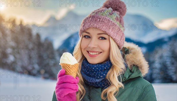 AI generated, human, humans, person, persons, woman, woman, one person, 20, 25, years, outdoor, ice, snow, winter, seasons, eats, eating, ice cream, waffle ice cream, waffle, Italian ice cream, cap, bobble hat, gloves, winter jacket, cold, coldness