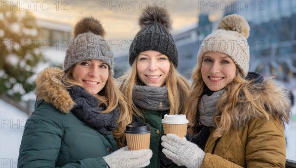 AI generated, human, humans, person, persons, woman, woman, three persons, coffee, coffee mug, coffee to go, outdoor shot, ice, snow, winter, seasons, drinks, drinking, cap, bobble hat, gloves, winter jacket, cold, cold, portrait