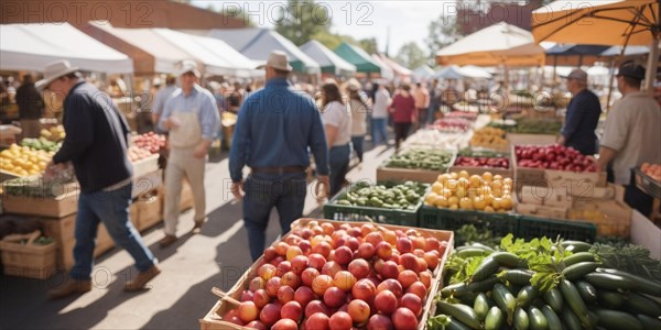 Farmers market bustling with shoppers among stands of fresh fruits and vegetables, horizontal wide aspect ratio, daylight, AI generated