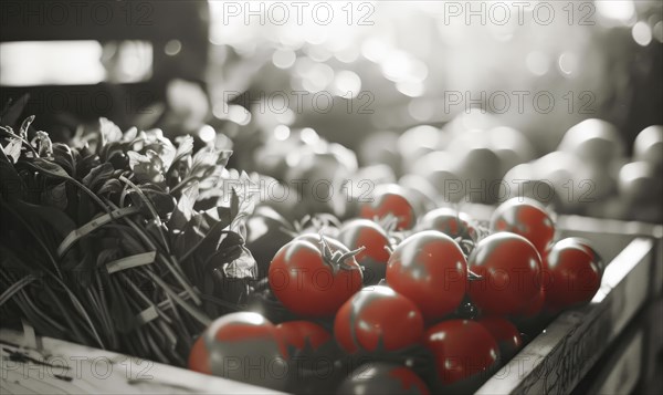 Tomatoes in a wooden box on the market. Selective focus AI generated