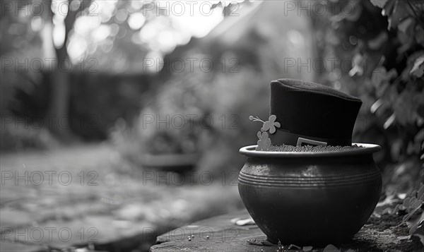 Leprechaun hat and pot of gold closeup. Monochrome photo. AI generated