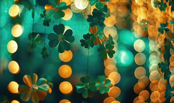 St. Patricks Day background with green clover leaves and bokeh. AI generated