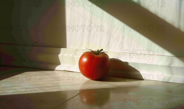 Tomato on the floor in the sunlight. The shadow from the window. AI generated