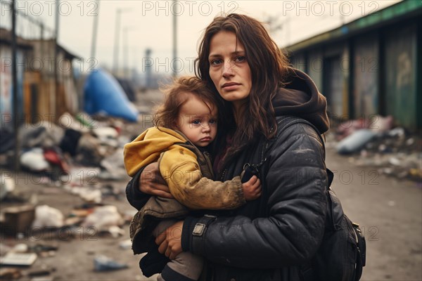 Young refugee woman with child in destroyed city or dirty refugee camp. KI generiert, generiert AI generated