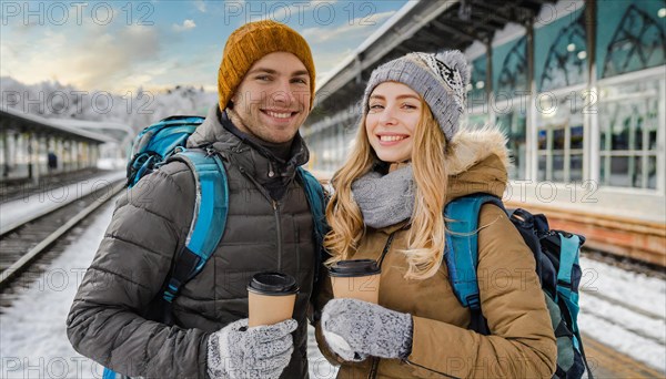 AI generated, woman, woman, man, men, A young couple wants to travel and is waiting for the train at the station, 25, 30, sneakers, shoes, sexy, attractive, attractive, long-haired, handbag, transport, traffic, backpack, bobble hat, coffee to go in hand, coffee, coffee cup, ice, winter, snow, two people sitting on the bench