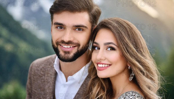 AI generated, human, people, man, men, bearded, dark-haired, woman, blond, blonde, brunette, woman, couple in love, love, affection, tenderness, family, Italian, German, 35, 40, years, German woman, attractive, attractive, two people, portrait, beautiful eyes, beautiful teeth, smile