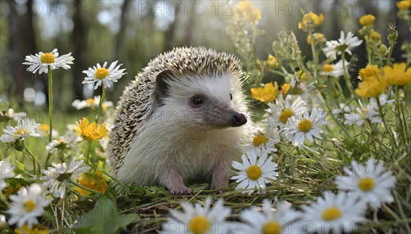 KI generated, animal, animals, mammal, mammals, young hedgehog (Erinaceidae), sitting in flower meadow, spring, a single animal, white and yellow flowers, meadow, lawn