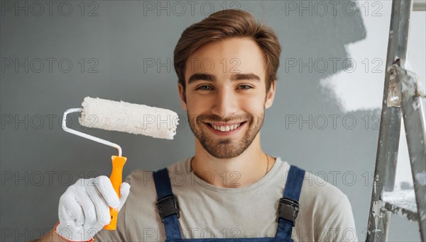 AI generated, man, men, a painter paints a wall with new white paint, father, renovation of old flat, paint roller, ladder, white, white paint, 25, 30, years, a, person, occupation, occupations, leisure activity, family, smiles, smiling, fun at work, laughing, laughing, laughing, friend, partner, man