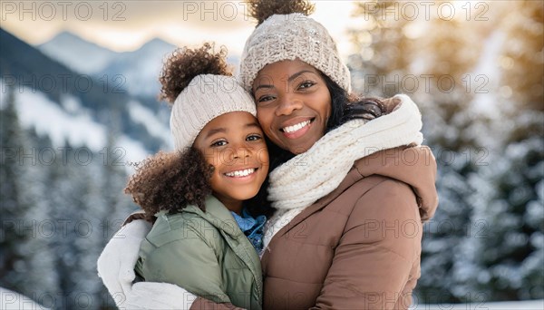 AI generated, human, humans, person, persons, woman, woman, child, children, two persons, mother and daughter hugging, embrace, looking forward to each other, enjoying the snow, laughing, smiling, outdoor shot, ice, snow, winter, seasons, cap, bobble hat, gloves, winter jacket, cold, cold, African