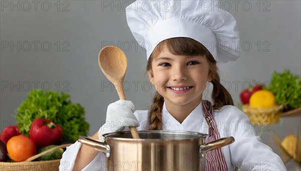 AI generated, human, humans, person, persons, child, children, 8 year old girl cooking a vegetable soup in a white kitchen, chef's hat, smock, cute, cute, cute, beautiful eyes, beautiful teeth, cook, cook, kitchen table, vegetables, onions, garlic