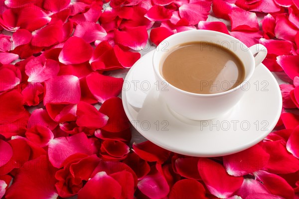 Red rose petals background and a cup of coffee. Morninig, spring, fashion composition. side view, close up