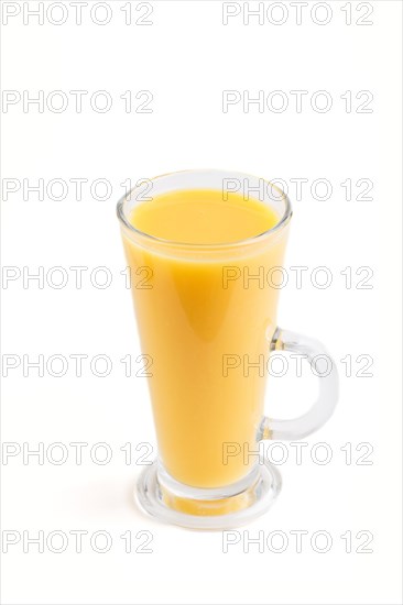 Glass of orange juice isolated on white background. Morninig, spring, healthy drink concept. Side view