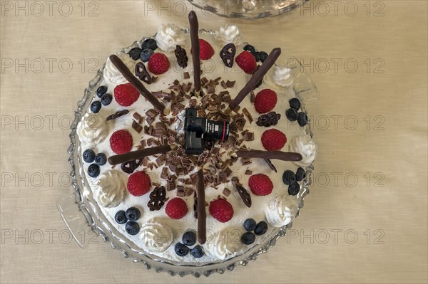 Black forest cake with mini camera at a photo exhibition, Eckental, Middle Franconia, Bavaria, Germany, Europe