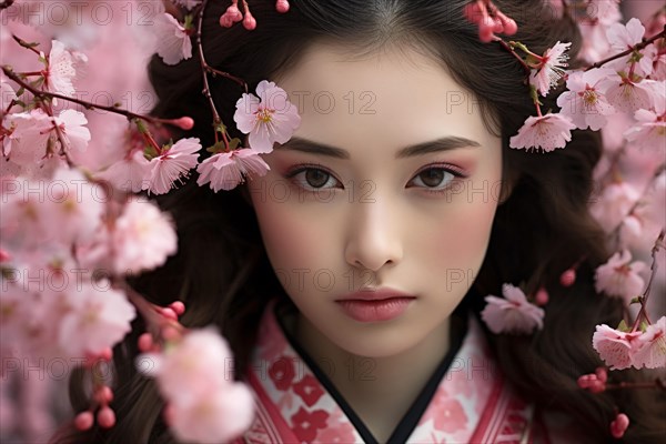 Face of beautiful Asian woman between pink flowers of Japanese Sakura cherry blossom tree flowers. KI generiert, generiert AI generated