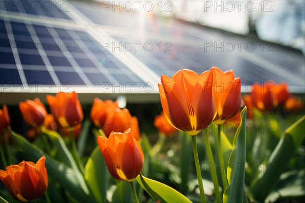Tulip spring flowers with pohotovoltaic solar cells in grass. KI generiert, generiert AI generated