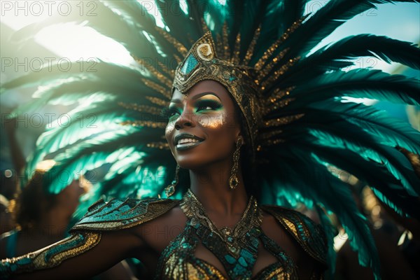 Captivating image capturing the essence of the Rio Carnival, showcasing a dancer adorned in an elaborate, vibrant costume, embodying the spirit and energy of this iconic festival, AI generated