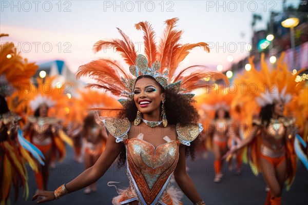 Captivating image capturing the essence of the Rio Carnival, showcasing a dancer adorned in an elaborate, vibrant costume, embodying the spirit and energy of this iconic festival, AI generated